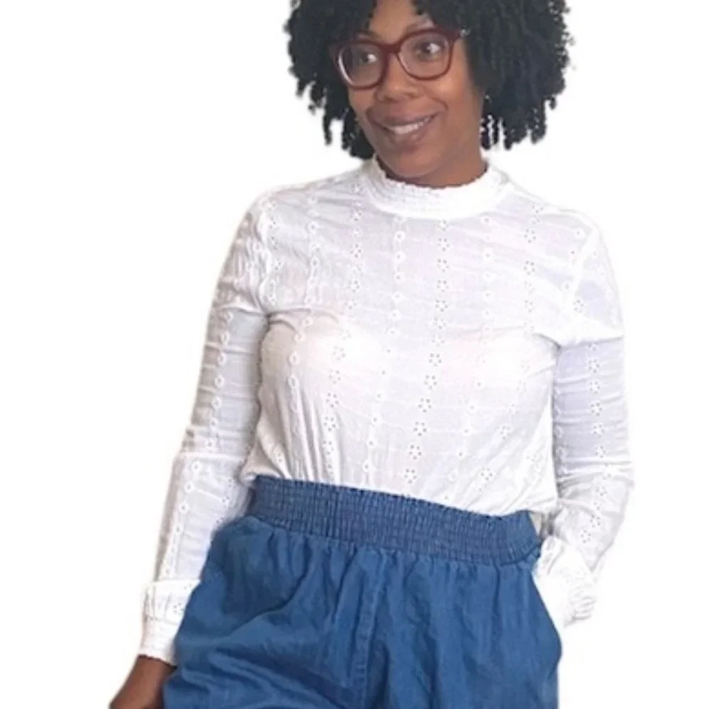 H&M Blouse Mock Neck Eyelet Long Sleeve Romantic